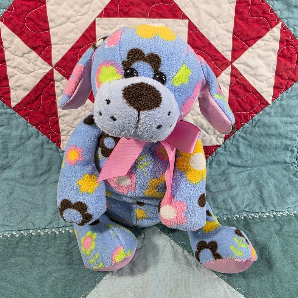 Ganz Floral Cutie Dog Plush Blue Small Floral Print Pink Bow